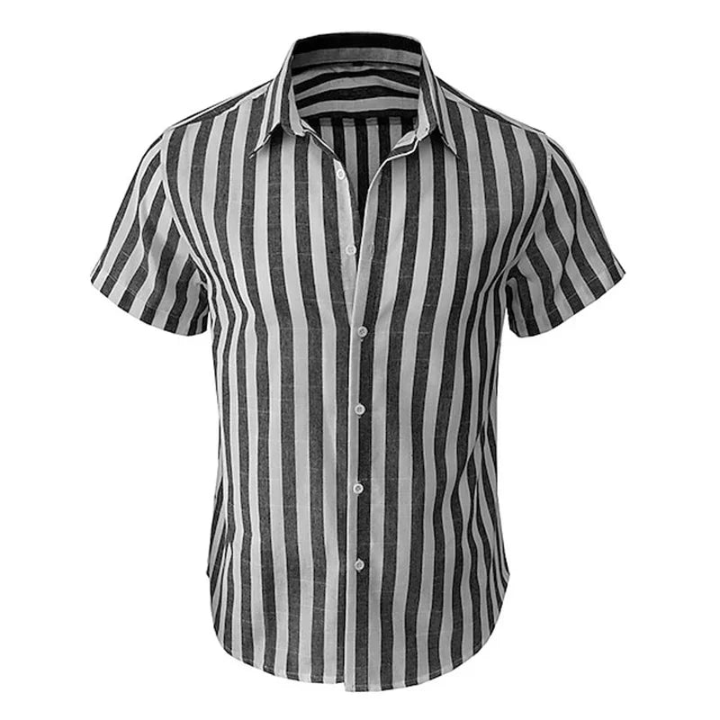 Men's Hawaiian Print Short Sleeve Shirt — Striped Beach Casual Vacation Top
