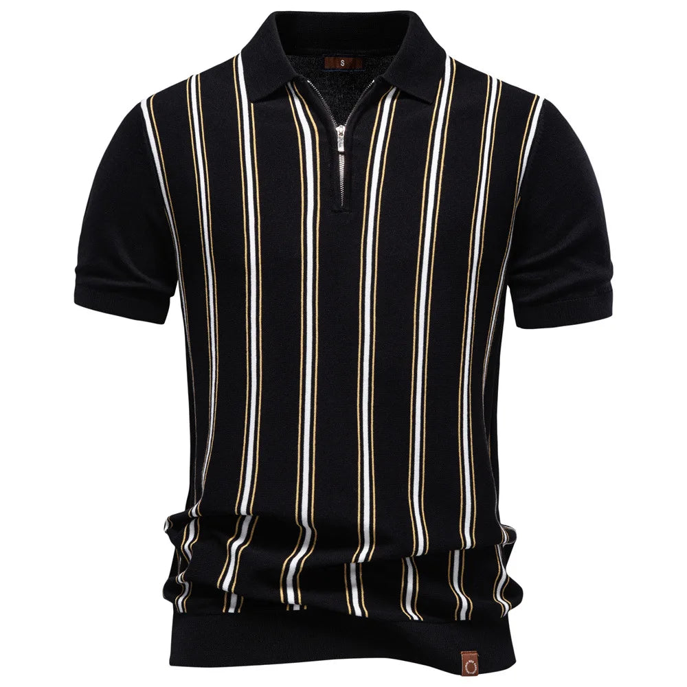Men's Striped Zippered Knitted Polo Shirt — Business Casual Short Sleeve Summer Top | 3 Colors S–XXL