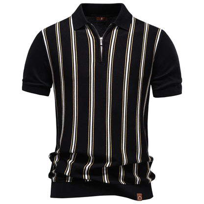 Men's Striped Zippered Knitted Polo Shirt — Business Casual Short Sleeve Summer Top | 3 Colors S–XXL
