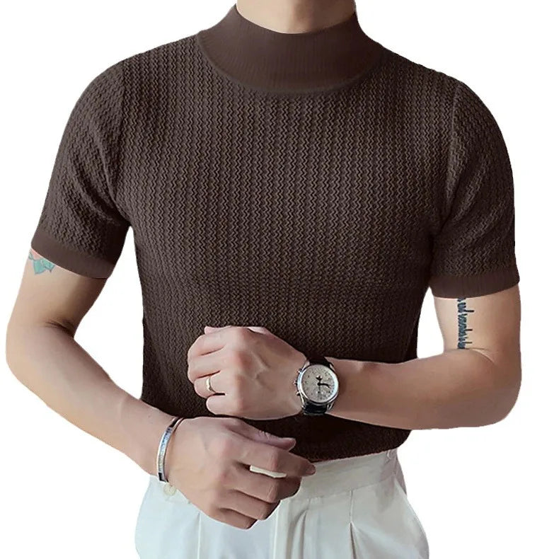 Men's High Neck Water Ripple Knitted T-Shirt — Slim Fit Breathable Casual Summer Top | 4 Colors S–XXXL