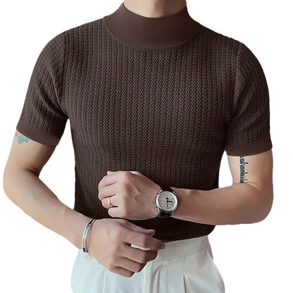 Men's High Neck Water Ripple Knitted T-Shirt — Slim Fit Breathable Casual Summer Top | 4 Colors S–XXXL