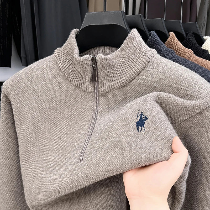Men's Mock Neck Half-Zip Knit Pullover — Horse Embroidery Thick Casual Sweater