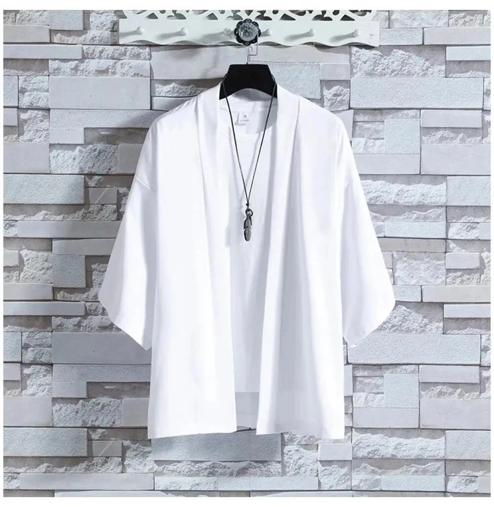 Men's Japanese Kimono Shirt — Open-Front Samurai Yukata Cardigan 3/4 Sleeve Summer Outwear
