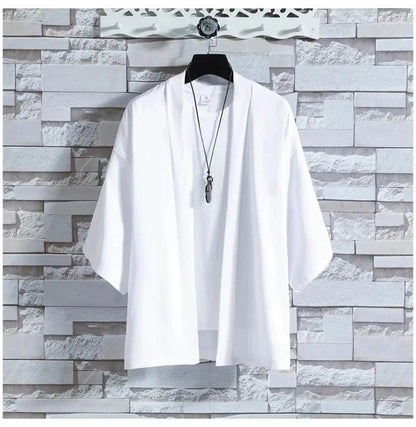Men's Japanese Kimono Shirt — Open-Front Samurai Yukata Cardigan 3/4 Sleeve Summer Outwear