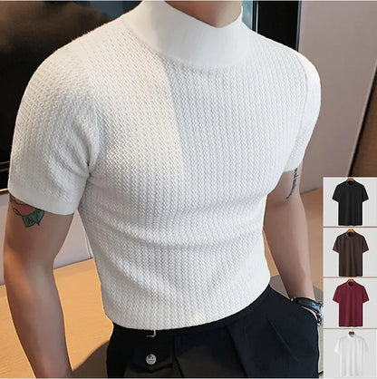 Men's High Neck Water Ripple Knitted T-Shirt — Slim Fit Breathable Casual Summer Top | 4 Colors S–XXXL