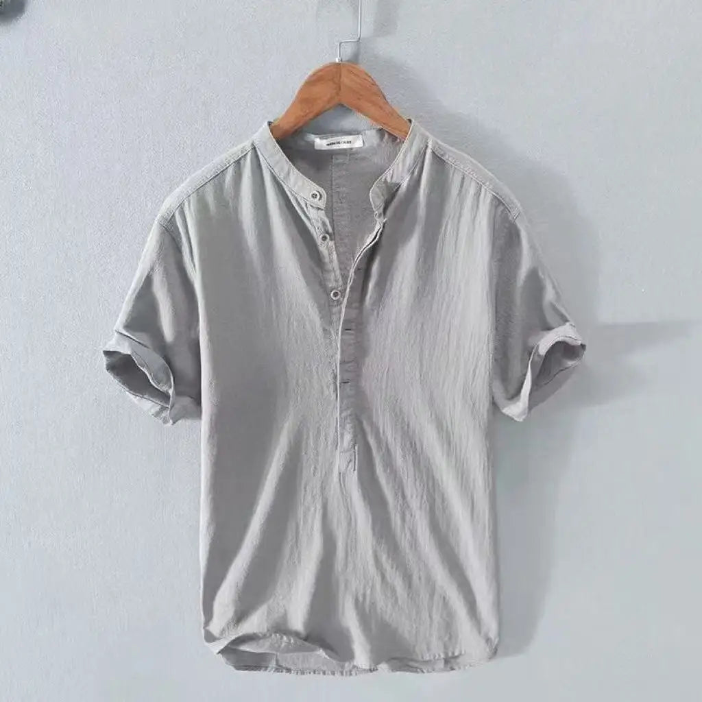 Men's Cotton Linen Short Sleeve Henley Beach Shirt — Lightweight Casual Hawaiian T-Shirt