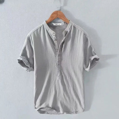 Men's Cotton Linen Short Sleeve Henley Beach Shirt — Lightweight Casual Hawaiian T-Shirt