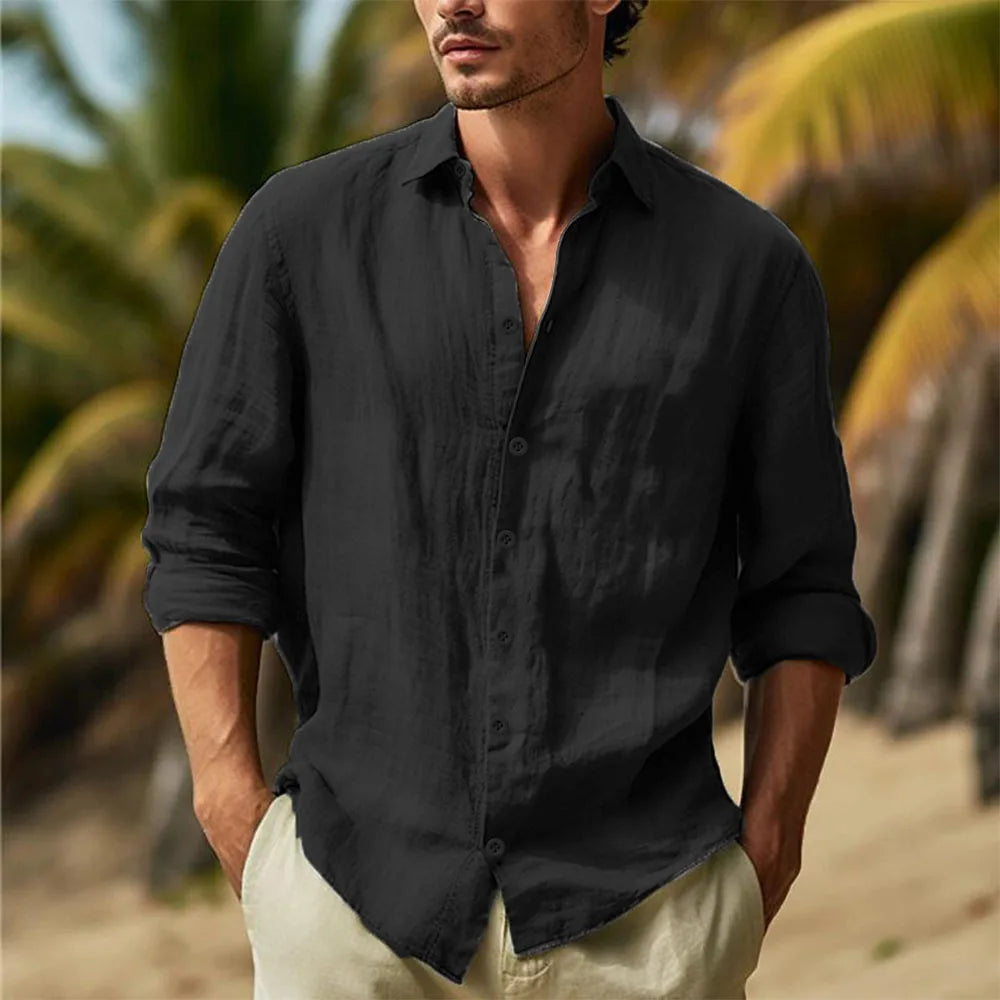 Men's Cotton Linen Casual Shirt — Turn Down Collar Lightweight Breathable Summer Top