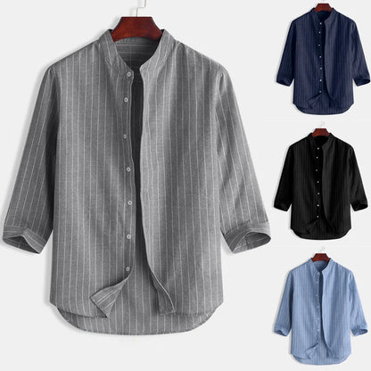 Men's Cotton Linen Long Sleeve Polo Shirt — Stand Collar Casual Beach Style Top