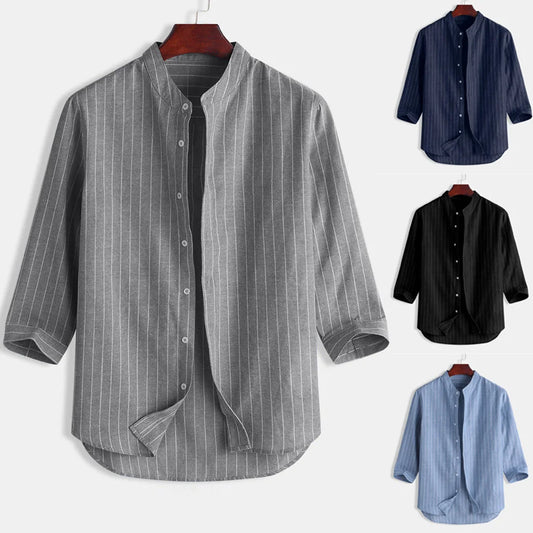 Men's Cotton Linen Long Sleeve Polo Shirt — Stand Collar Casual Beach Style Top