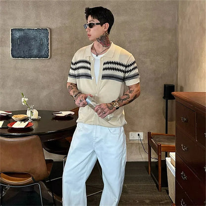 Men's Color-Block Argyle Knit Polo Shirt — Short Sleeve Preppy Streetwear Top