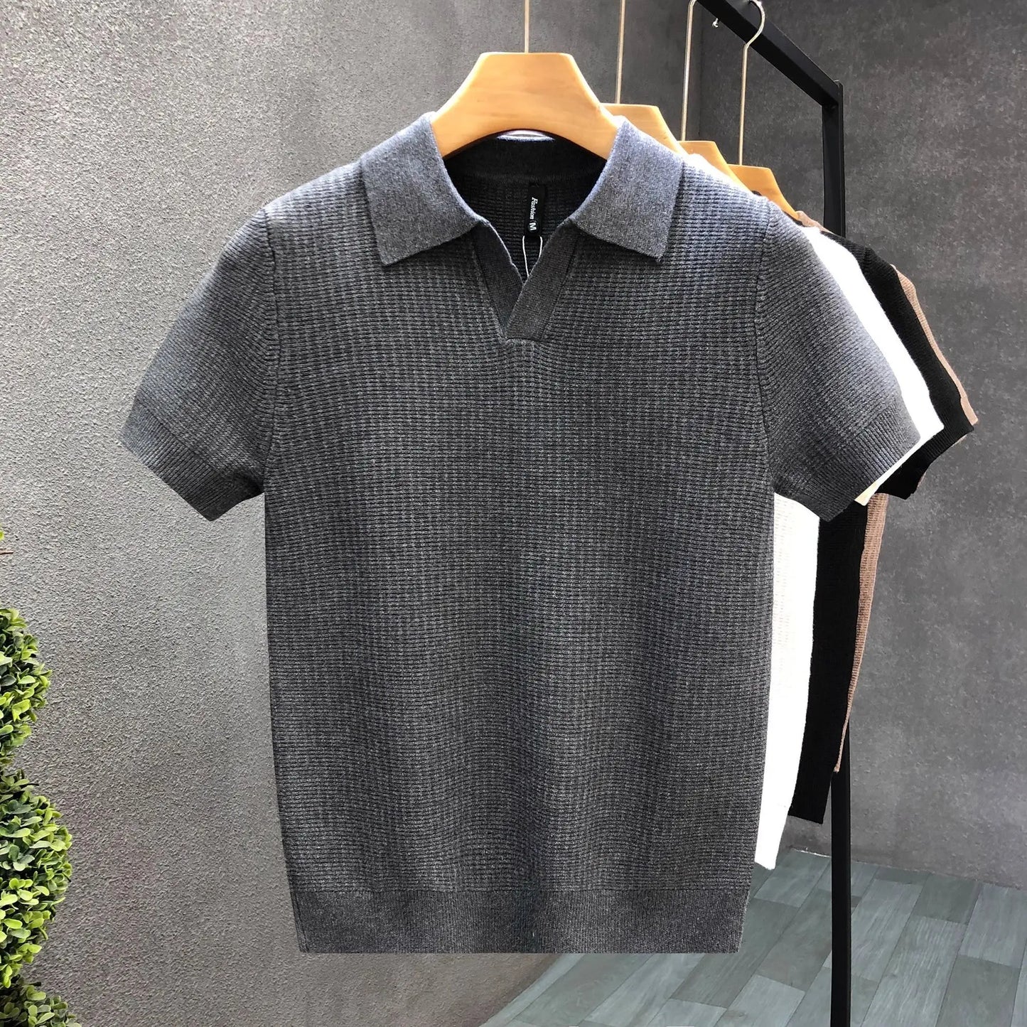 Men's Korean Style Slim Fit Polo Shirt — Solid Color Casual Knit Short Sleeve Top