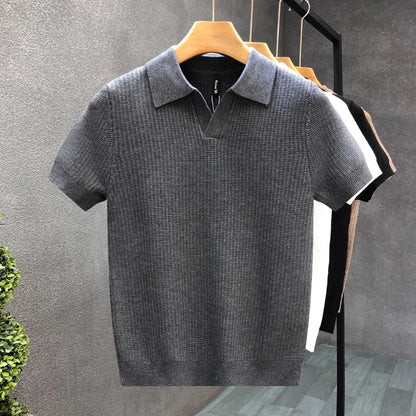 Men's Korean Style Slim Fit Polo Shirt — Solid Color Casual Knit Short Sleeve Top