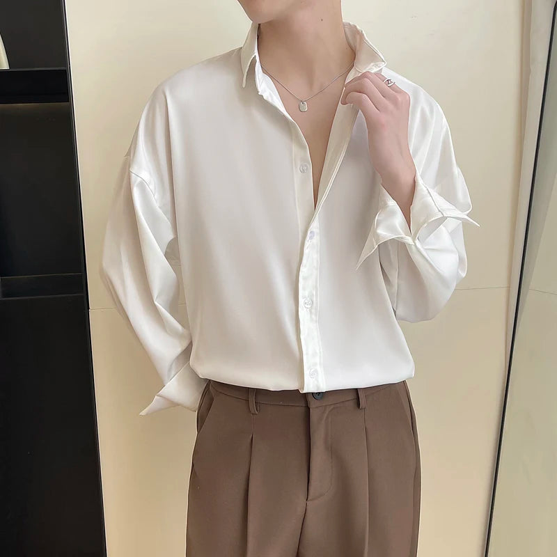 Men's Long Sleeve Ice Silk Dress Shirt — Oversized Korean Loose Fit Formal Casual | 4 Colors M–XXL