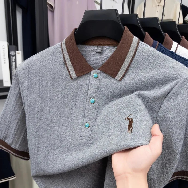 Men's Embroidered Knit Polo Shirt — Breathable Contrast Color Short Sleeve Korean Casual Top