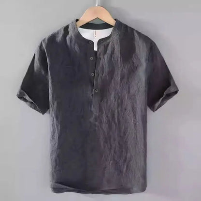 Men's Cotton Linen Short Sleeve Henley Beach Shirt — Lightweight Casual Hawaiian T-Shirt