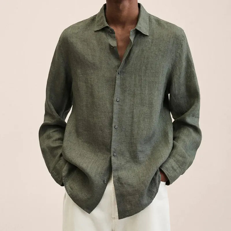 Men's Solid Color Long Sleeve Casual Shirt — Lapel Button-Up Loose Fit Smart Casual Top