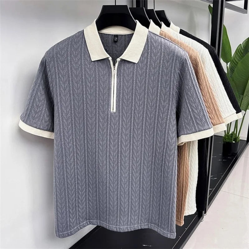 Men's Half-Zip Knitted Polo Shirt — Breathable Short Sleeve Casual Summer Top