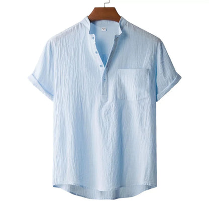 Men's Cotton Linen Henley T-Shirt — Lightweight Breathable Beach Casual Short Sleeve Top