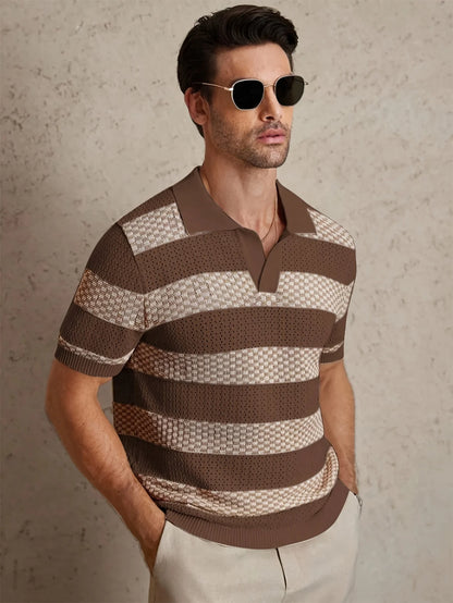 Men's Contrast Color Knitted Polo Shirt — Turn-Down Collar Short Sleeve Summer Top