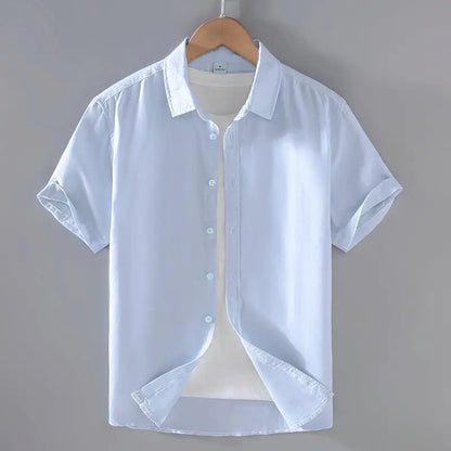 Men's Mandarin Collar Short Sleeve Casual Shirt — Cotton Blend Vintage Beach Style | 8 Colors Asia M–5XL