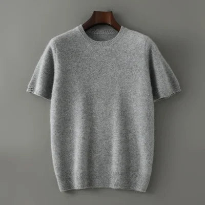 Men's 100% Pure Cashmere Knitted T-Shirt — Luxury Round Neck Short Sleeve Top