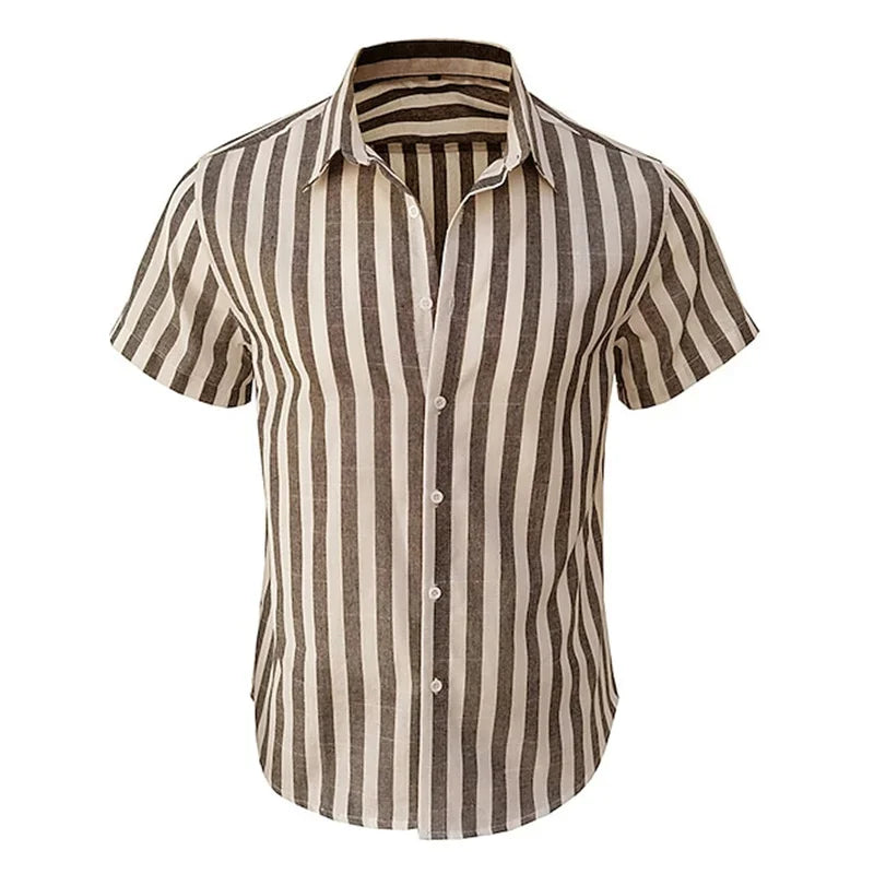 Men's Hawaiian Print Short Sleeve Shirt — Striped Beach Casual Vacation Top