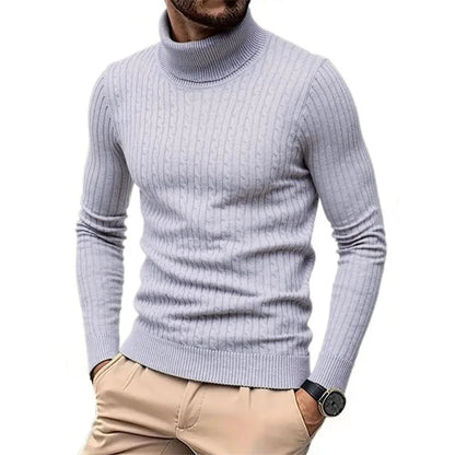 Men's Turtleneck Knitted Pullover Sweater — Slim Fit Jacquard Striped Cozy Knitwear Autumn Winter
