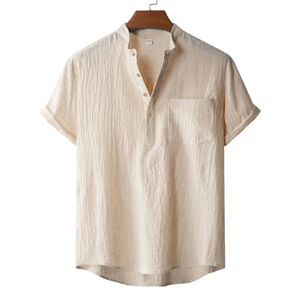 Men's Cotton Linen Henley T-Shirt — Lightweight Breathable Beach Casual Short Sleeve Top