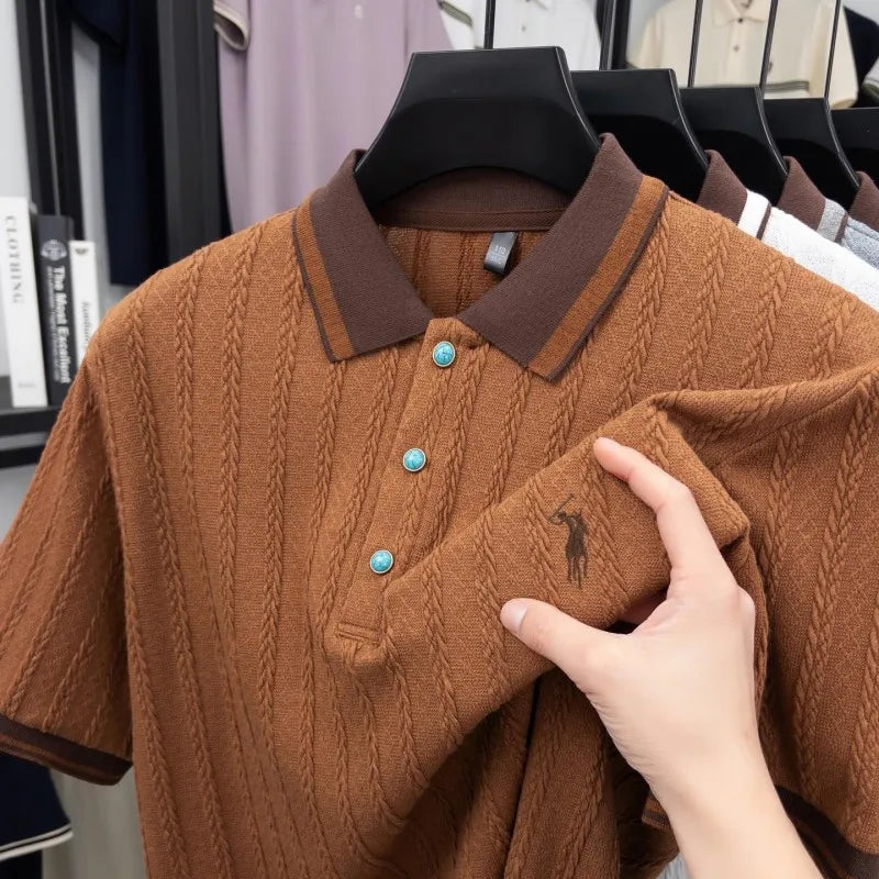 Men's Embroidered Knit Polo Shirt — Breathable Contrast Color Short Sleeve Korean Casual Top