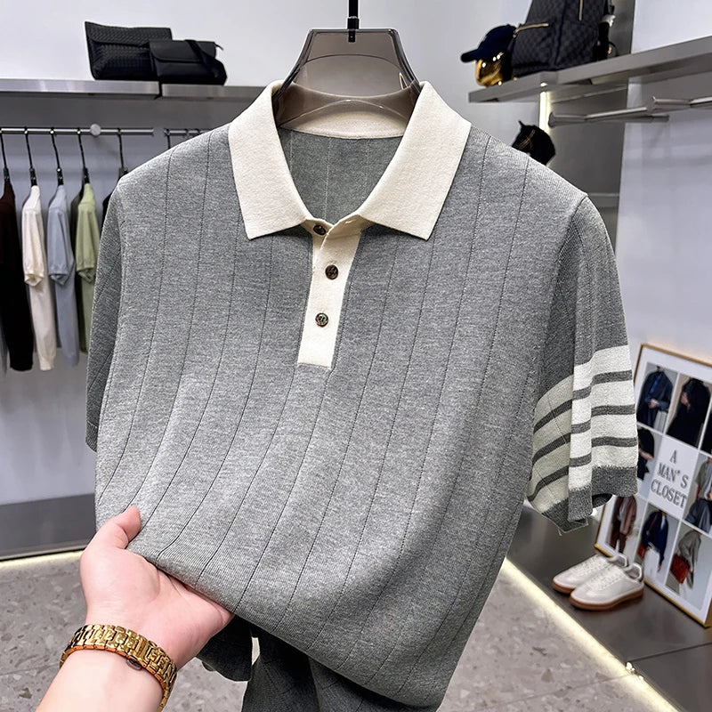 Men's Color Block Knitted Polo Shirt — Short Sleeve Striped Casual Summer T-Shirt Korean Style