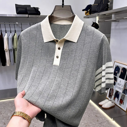 Men's Color Block Knitted Polo Shirt — Short Sleeve Striped Casual Summer T-Shirt Korean Style