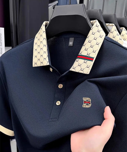 Men's Luxury Letter Embossed Polo Shirt — Color Block Lapel Short Sleeve Summer Top