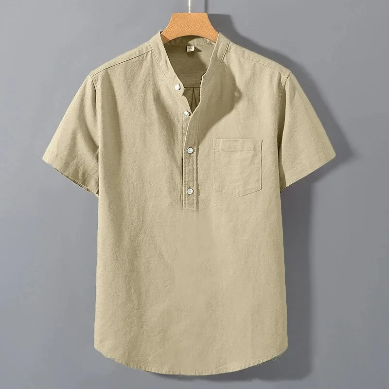 Men's Stand-Up Collar Cotton T-Shirt — Breathable Loose Fit Short Sleeve Summer Top