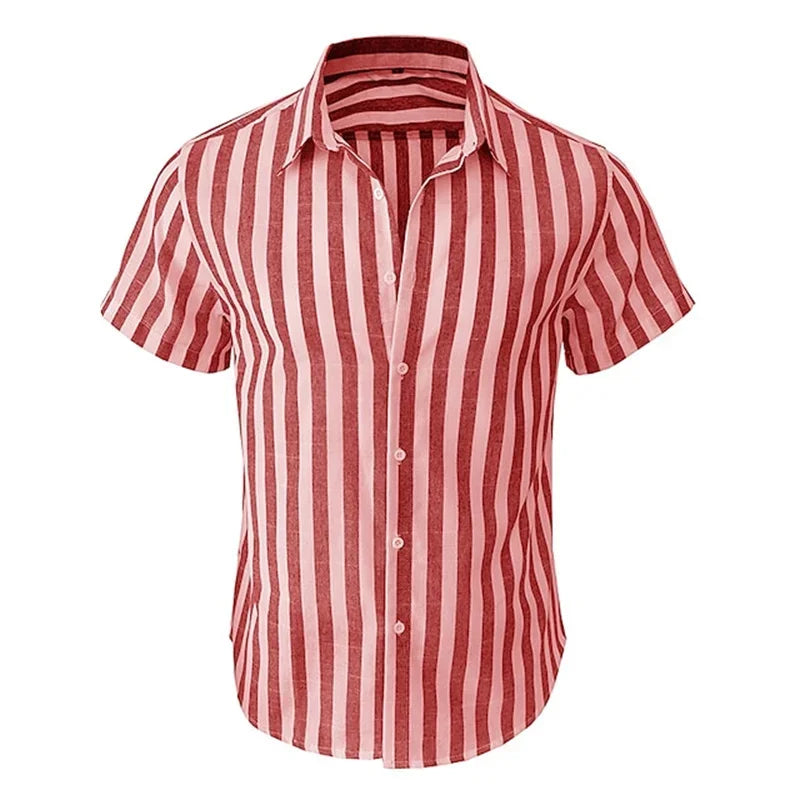 Men's Hawaiian Print Short Sleeve Shirt — Striped Beach Casual Vacation Top