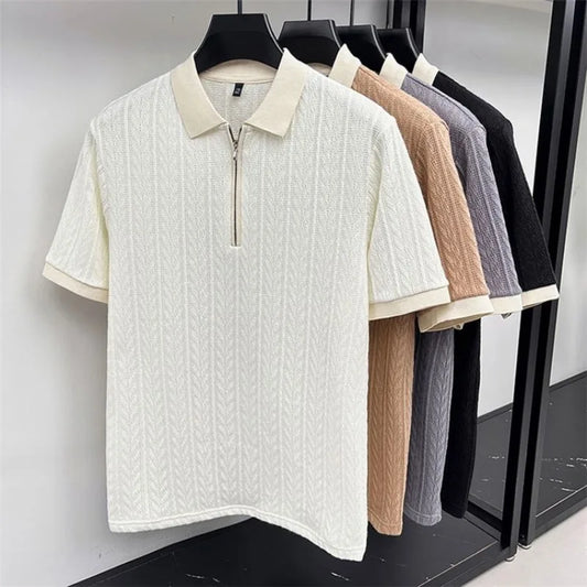 Men's Half-Zip Knitted Polo Shirt — Breathable Short Sleeve Casual Summer Top
