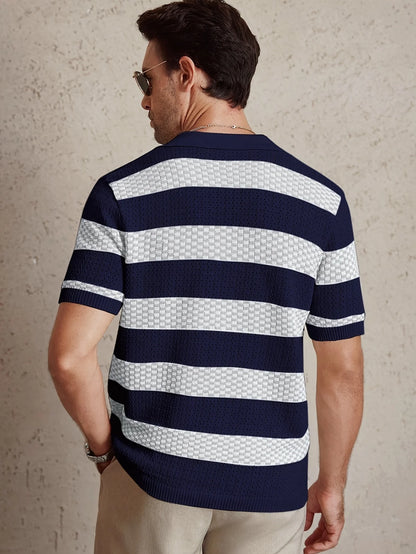 Men's Contrast Color Knitted Polo Shirt — Turn-Down Collar Short Sleeve Summer Top