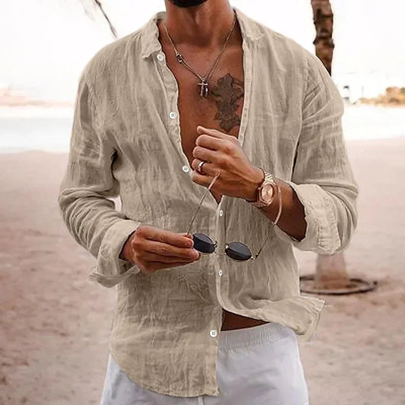 Men's Cotton Linen Casual Shirt — Loose Solid Long Sleeve Button-Up | 12 Colors S–XXXL