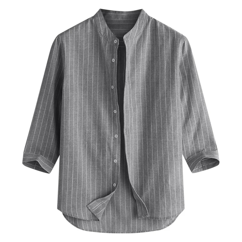 Men's Cotton Linen Long Sleeve Polo Shirt — Stand Collar Casual Beach Style Top