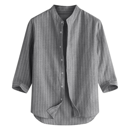 Men's Cotton Linen Long Sleeve Polo Shirt — Stand Collar Casual Beach Style Top