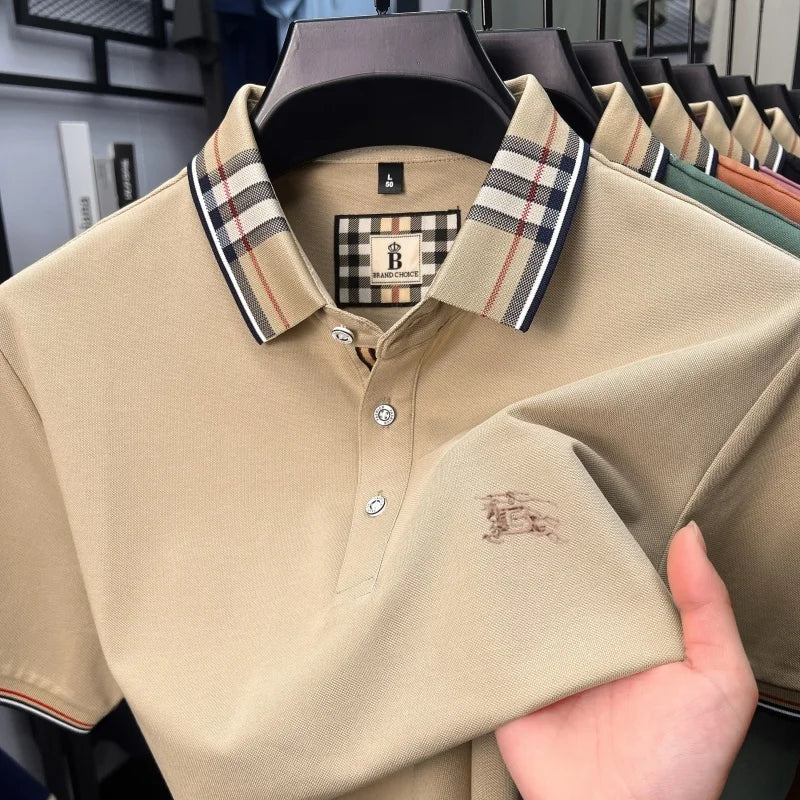 Men's Embroidered Polo Shirt — Luxury Cotton-Silk Blend Smart Casual Short Sleeve Top