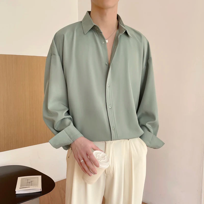 Men's Long Sleeve Ice Silk Dress Shirt — Oversized Korean Loose Fit Formal Casual | 4 Colors M–XXL