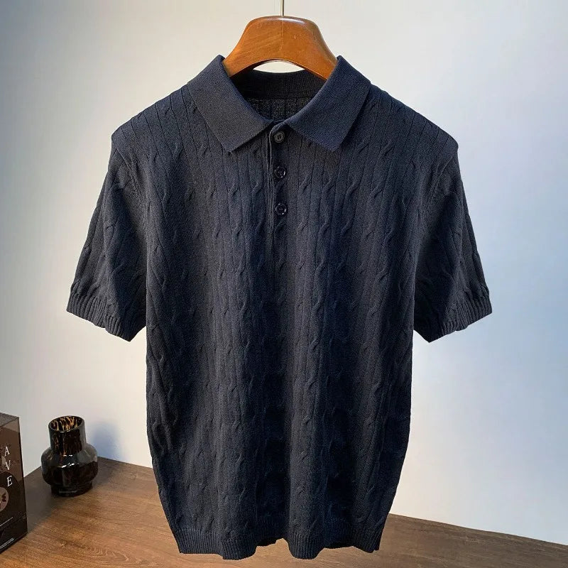 Men's Retro Cable Knit Polo Shirt — Anti-Pilling Short Sleeve Luxury Texture Summer Top | 3 Colors M–4XL