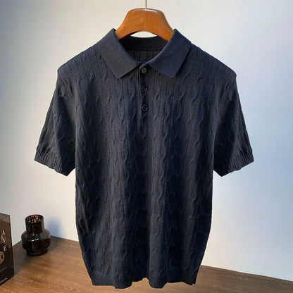 Men's Retro Cable Knit Polo Shirt — Anti-Pilling Short Sleeve Luxury Texture Summer Top | 3 Colors M–4XL