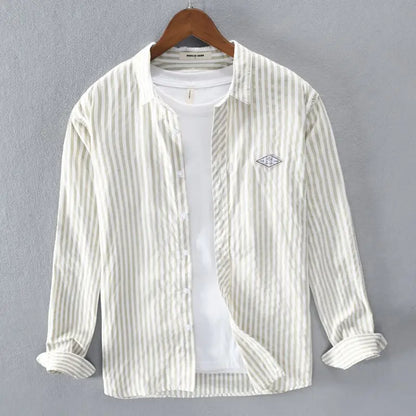 Men's Striped Long Sleeve Shirt — Square Neck Button Slim Fit Casual Outerwear