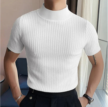 Men's High Neck Water Ripple Knitted T-Shirt — Slim Fit Breathable Casual Summer Top | 4 Colors S–XXXL