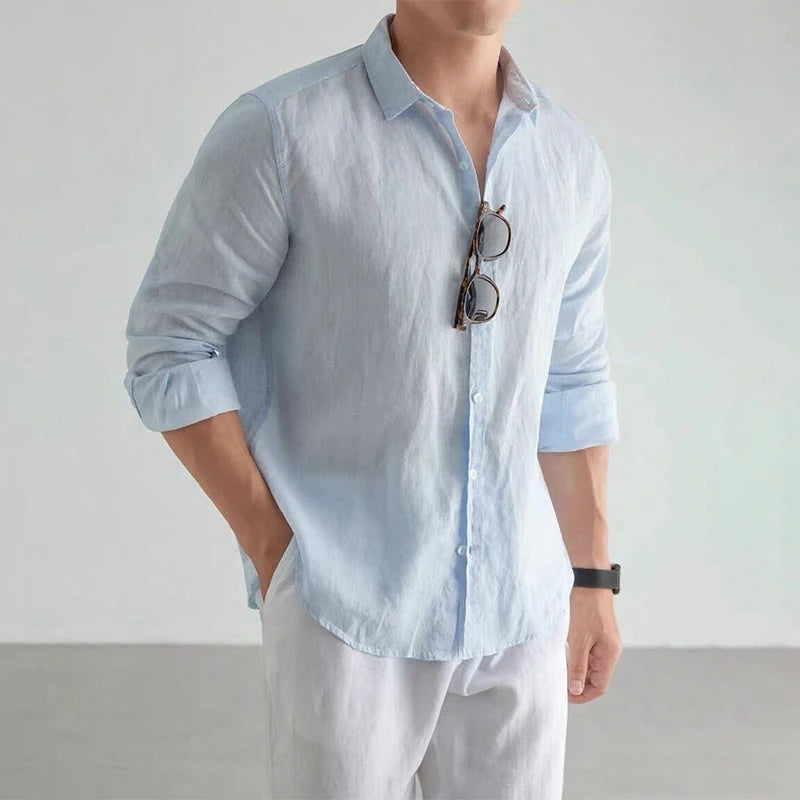 Men's Cotton-Linen Long Sleeve Baggy Shirt — Solid Casual Button-Up | 8 Colors S–XXL