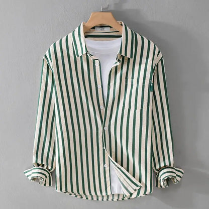 Men's Striped Long Sleeve Shirt — Turn-Down Collar Casual Button-Up | Black, Khaki, Green