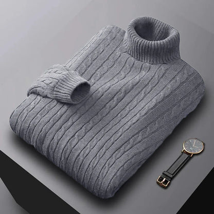 Men's Solid Color High Neck Pullover Sweater — Elastic Knitted Casual Sweatwear Autumn Winter