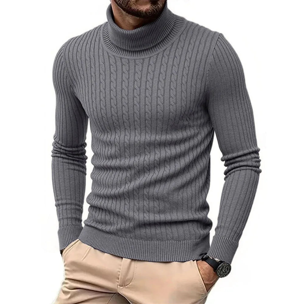 Men's Turtleneck Knitted Pullover Sweater — Slim Fit Jacquard Striped Cozy Knitwear Autumn Winter